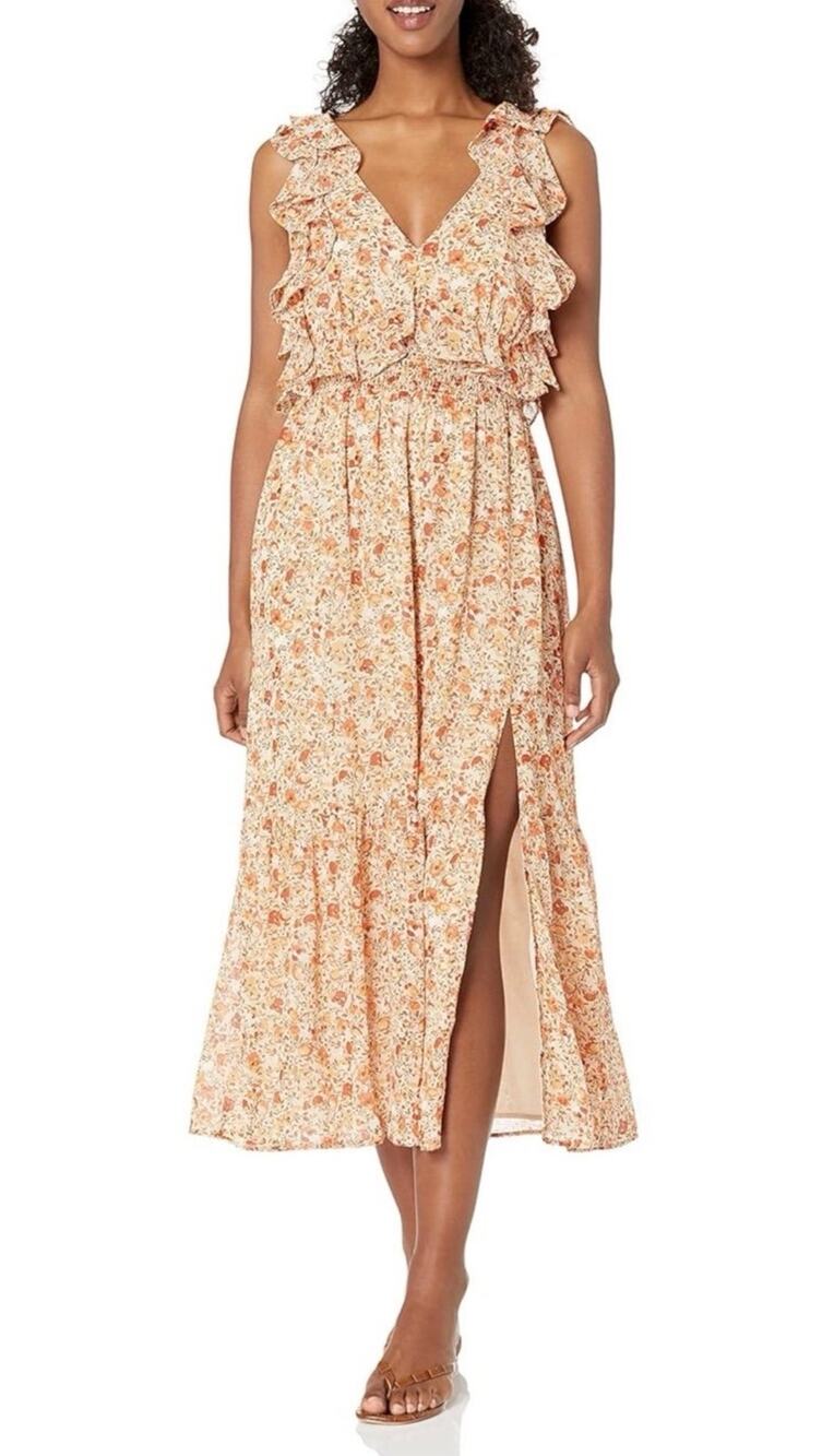 NWOT ASTR The Label Orange Floral Ruffle Midi Dress Open Back Tie XL